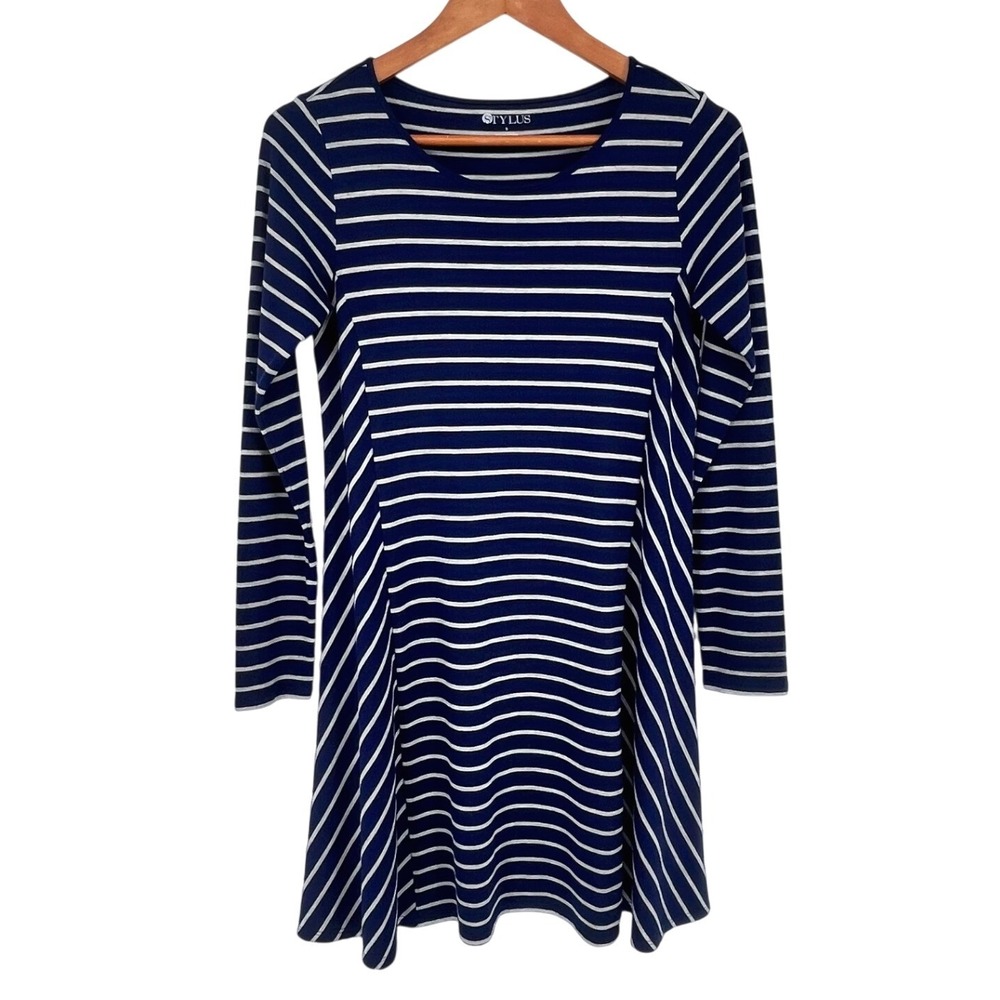 Stylus Striped Swing‎ Dress Womens Small Navy Blue Long Sleeve A-Line Minimalist